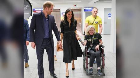 Prince Harry, Duke of Sussex, Meghan, Duchess of Sussex and Yuliia “Taira” Paievska are seen at the “Friends @ Home Event” at the Station Airport during the Invictus Games 2023 in Duesseldorf, Germany, September 12, 2023