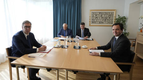 Serbia's President Aleksandar Vucic, European Union foreign policy chief Josep Borrell, EU Special Representative Miroslav Lajcak and Kosovo's Prime Minister Albin Kurti meet in Brussels, September 14, 2023