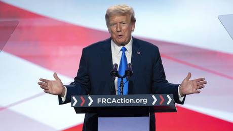 Former President Donald Trump speaks at an event in Washington, DC, September 15, 2023.