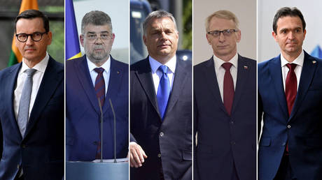 From left to right: Mateusz Morawiecki, Marcel Ciolacu, Viktor Orban, Nikolai Denkov, Ľudovit Odor.