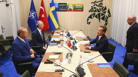 NATO Secretary-General Jens Stoltenberg, Turkish President Tayyip Erdogan, Swedish Prime Minister Ulf Kristersson, and Turkish Defense Minister Yasar Guler attend a meeting, on July 10, 2023.