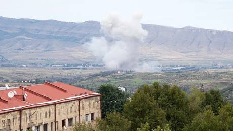 Smoke rises after shelling on the outskirts of Stepanakert, the capital of the breakaway Nagorno-Karabakh region, Azerbaijan.