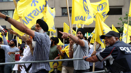 Pro-Khalistan supporters demonstrate in front of the Indian Consulate General, Toronto, Canada, July 8, 2023