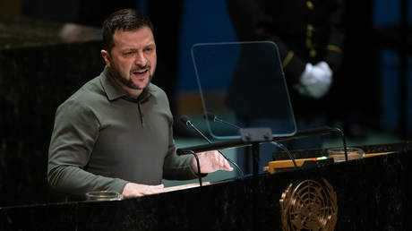 President of Ukraine Volodymyr Zelensky addresses the 78th session of the United Nations General Assembly (UNGA) at U.N. headquarters on September 19, 2023 in New York City.