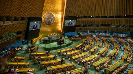German Chancellor Olaf Scholz (SPD) speaks to empty rows of seats at the general debate of the UN General Assembly in New York, USA on 19 September 2023.