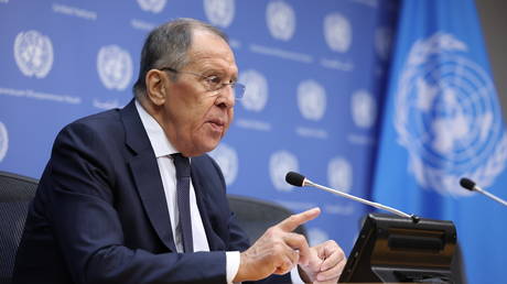 Russian Foreign Minister Sergey Lavrov holds a press conference at the UN headquarters in New York, US, on September 23, 2023.
