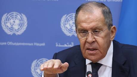 Russia's Foreign Minister Sergey Lavrov attends a press conference after addressing the 78th Session of the UN General Assembly at the UN Headquarters, in New York City, the United States.