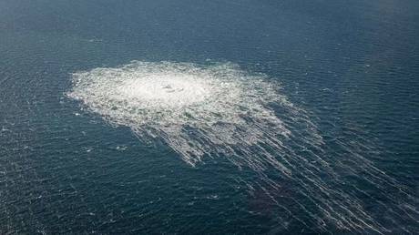 FILE PHOTO. Danish Defense shows the gas leaking at Nord Stream 2 seen from the Danish F-16 interceptor on Bornholm, Denmark on September 27, 2022.