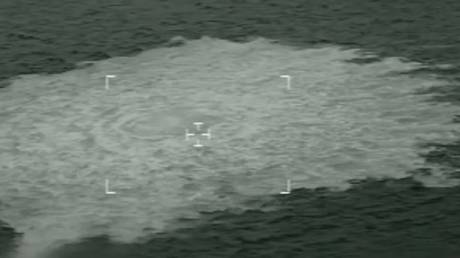 Gas leaking from Nord Stream 2 seen from a Danish F-16 interceptor near Bornholm, Denmark, September 27, 2022