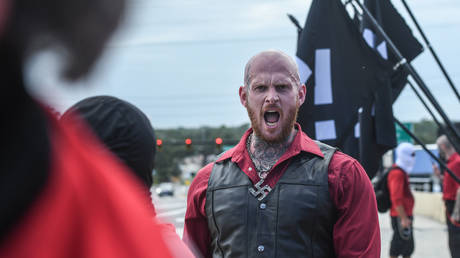 FILE PHOTO. Christopher "Hammer" Pohlhaus (C) leads a rally with neo-Nazi groups on September 2, 2023 in Orlando, Florida