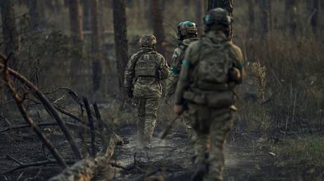 FILE PHOTO. Ukrainian soldiers walk through a forest