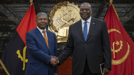 US Defense Secretary Lloyd Austin and Angolan President Joao Lourenco meet in Luanda, Angola on September 27, 2023.