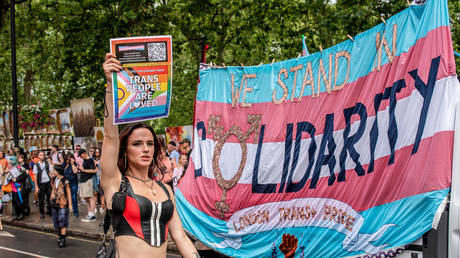 FILE PHOTO: Activists hold a pro-LGBTQ rally in London, 2023. Krisztian Elek / SOPA Images / LightRocket / Getty Images