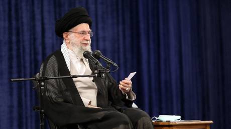 Ayatollah Ali Khamenei speaks to students and clerics during a rally in Tehran, Iran, July 12, 202