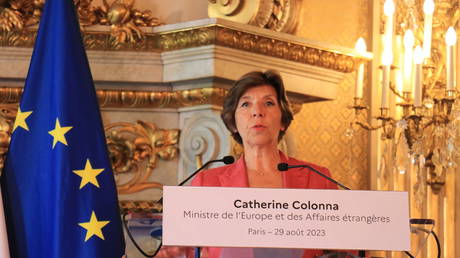 French Foreign Minister Catherine Colonna holds a press conference in Paris, August 29, 2023.