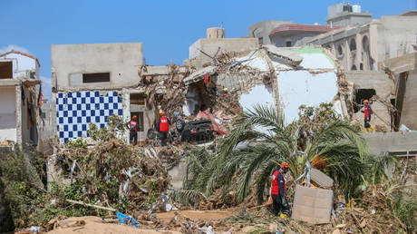 Turkiye's State Disaster and Emergency Management Authority (AFAD)  conduct search and rescue operations after the flood caused by Storm Daniel in Derna, Libya on September 19, 2023.
