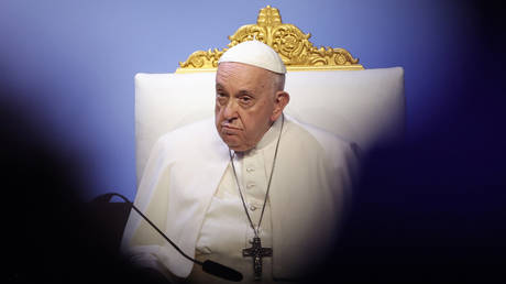 Pope Francis attends the concluding session of the Mediterranean meetings at the Palais du Pharo in the southern port city of Marseille on September 23, 2023.
