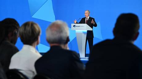 Russian President Vladimir Putin delivers a speech during a plenary session as part of the 20th annual meeting of the Valdai Discussion Club titled "Fair Multipolarity: How to Ensure Security and Development for Everyone" in Sochi, Krasnodar region, Russia.