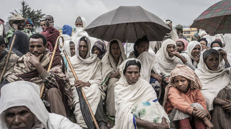 FILE PHOTO. People who fled the war from May Tsemre, Addi Arkay and Zarima gather around in a temporarily built internally displaced people camp to receive their first bags of wheat from the World Food Programme in Debark, Ethiopia.