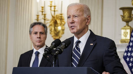 US President Joe Biden speaks from the State Dining Room at the White House on October 7, 2023 in Washington, DC