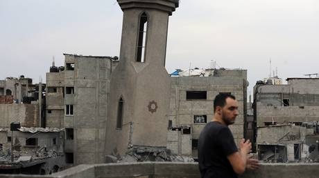 A mosque destroyed by Israeli strikes on Gaza in retaliation for Hamas raids in southern Israel