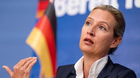 Alice Weidel, leader of the AfD parliamentary group, takes part in a press conference at the Federal Press Office following the state elections in Bavaria and Hesse on October 9, 2023