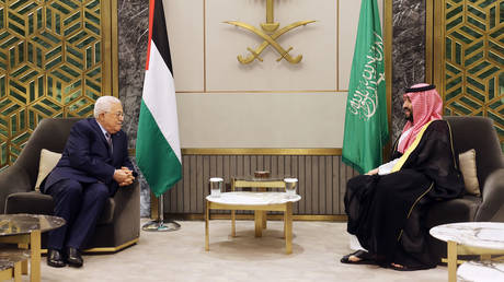 FILE PHOTO: Palestinian President Mahmoud Abbas meets with Saudi Crown Prince Mohammed bin Salman in Jeddah, Saudi Arabia, on April 18, 2023.