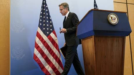 US Secretary of State Antony Blinken at a press conference, October 12, 2023, Tel Aviv