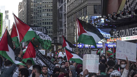 Palestinian supporters march in New York, October 13, 2023