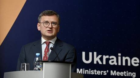 Ukrainian Foreign Minister Dmitry Kuleba speaks during a press conference on October 2, 2023, Kyiv, Ukraine