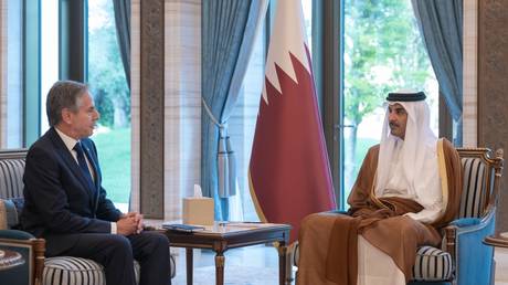 Qatari Emir Sheikh Tamim bin Hamad Al-Thani meets with U.S. Secretary of State Antony Blinken at Lusail Palace in Doha, Qatar on October 13, 2023