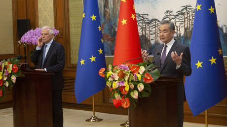 EU foreign policy chief Josep Borrell, left, and Chinese Foreign Minister Wang Yi attend a press conference following the EU-China High-Level Strategic Dialogue, in Beijing, China, October 13, 2023