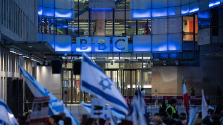 Members of the Jewish community gather outside BBC HQ to demonstrate against the BBC's refusal to label Hamas as terrorists on October 16, 2023.