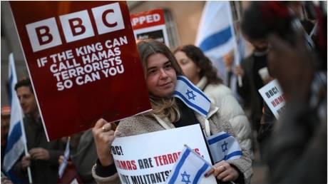 Supporters of Israel protest outside the headquarters of the BBC in London, October 16, 2023.