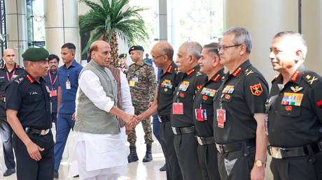 India's Defence Minister Rajnath Singh meets the senior leadership of the Indian Army at the Army Commanders’ Conference in New Delhi.