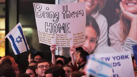 People gather for a rally demanding the freeing of hostages taken by Hamas in New York City, October 19, 2023