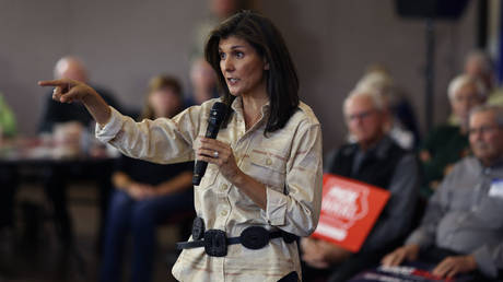 US presidential candidate Nikki Haley speaks at a campaign event on Saturday in Pella, Iowa.