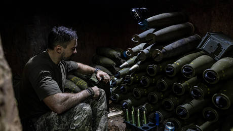 FILE PHOTO. A Ukrainian soldier prepares 155mm artillery shells in his fighting position as Ukrainian Army conduct operation to target trenches of Russian forces through the Donetsk Oblast amid Russia and Ukraine war in Donetsk Oblast, Ukraine on August 6, 2023.