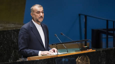Iranian Foreign Minister Hossein Amir-Abdollahian speaks at the UN General Assembly, October 26, 2023 in New York City.