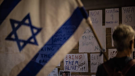 File photo: Pictures of Israeli captives in Gaza in Tel Aviv, October 14, 2023.