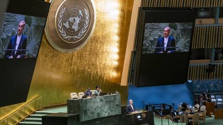 Hossein Amir-Abdollahian speaks at the General Assembly at United Nations headquarters in New York, October 26, 2023