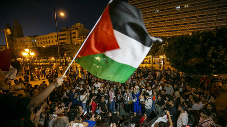 People gather to stage a demonstration to express their solidarity with Palestinians and protest Israel's military actions in Gaza at Avenue Habib Bourguiba in Tunis, Tunisia on October 11, 2023.