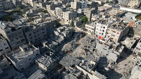 An aerial view of destruction as a result of Israeli attacks in Khan Yunis, Gaza