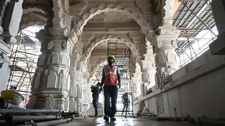 A view of the construction site of the Ram temple at Ayodhya, July 9, 2023, Lucknow, India.