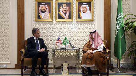 FILE PHOTO: US Secretary of State Antony Blinken meets with Saudi Foreign Minister Prince Faisal bin Farhan in Riyadh, October 14, 2023