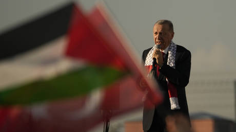 Recep Tayyip Erdogan speaks to a rally in support of the Palestinians, in Istanbul, Türkiye, October. 28, 2023