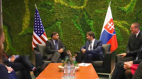 Slovak Defense Minister Robert Kalinak meets with US Ambassador to Slovakia Gautam Rana, October 28, 2023