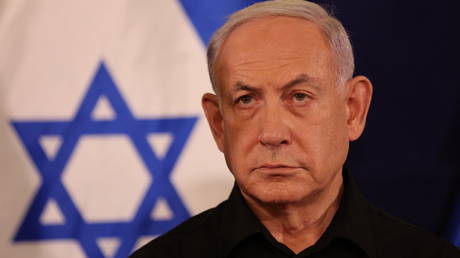 Israeli Prime Minister Benjamin Netanyahu speaks during a press conference in the Kirya military base in Tel Aviv on October 28, 2023.