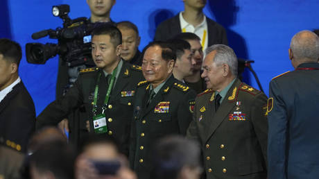 Russian Defense Minister Sergey Shoigu with Zhang Youxia, a Chinese general in the People’s Liberation Army, at the opening ceremony for the Xiangshan Forum, Beijing, October 30, 2023