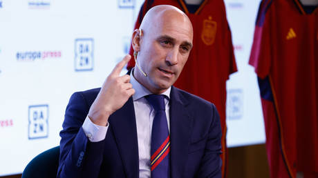 FILE PHOTO: Luis Rubiales speaks at a February 14 press event in Madrid.